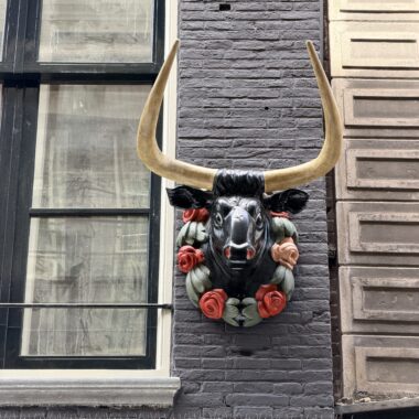 De ossenkop aan Warmoesstraat 66, weer in volle glorie hersteld.